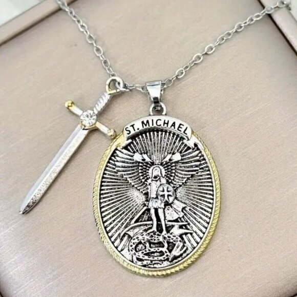 Saint Michael Sword and Shield Pendant and Necklace Silver and Gold Tone… - Picture 4 of 4